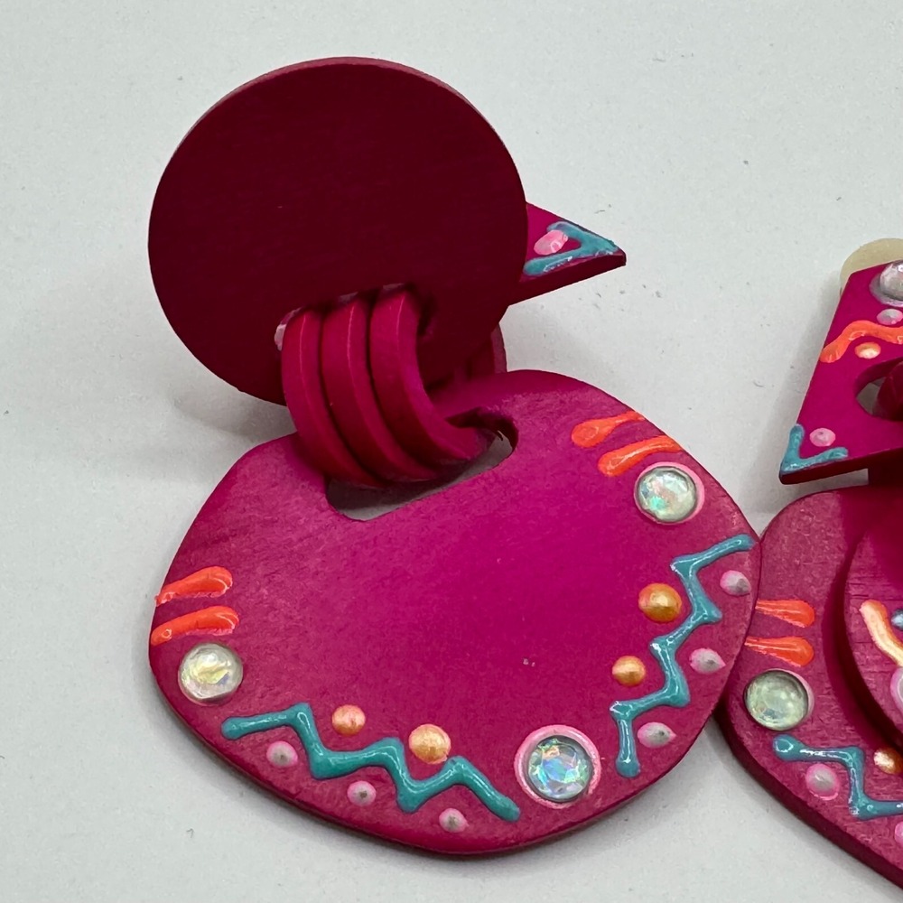 Vintage Carol For Eva Graham Clip On Earrings Large Dangle Bright Pink Geometric - Picture 8 of 10